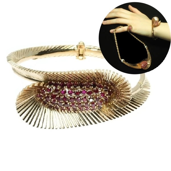 Typical Fifties pink gold bangle with rubies and part of a parure